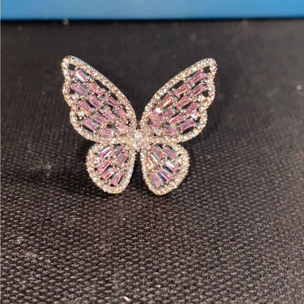 White gold filled and pink diamonds adjustable butterfly ring